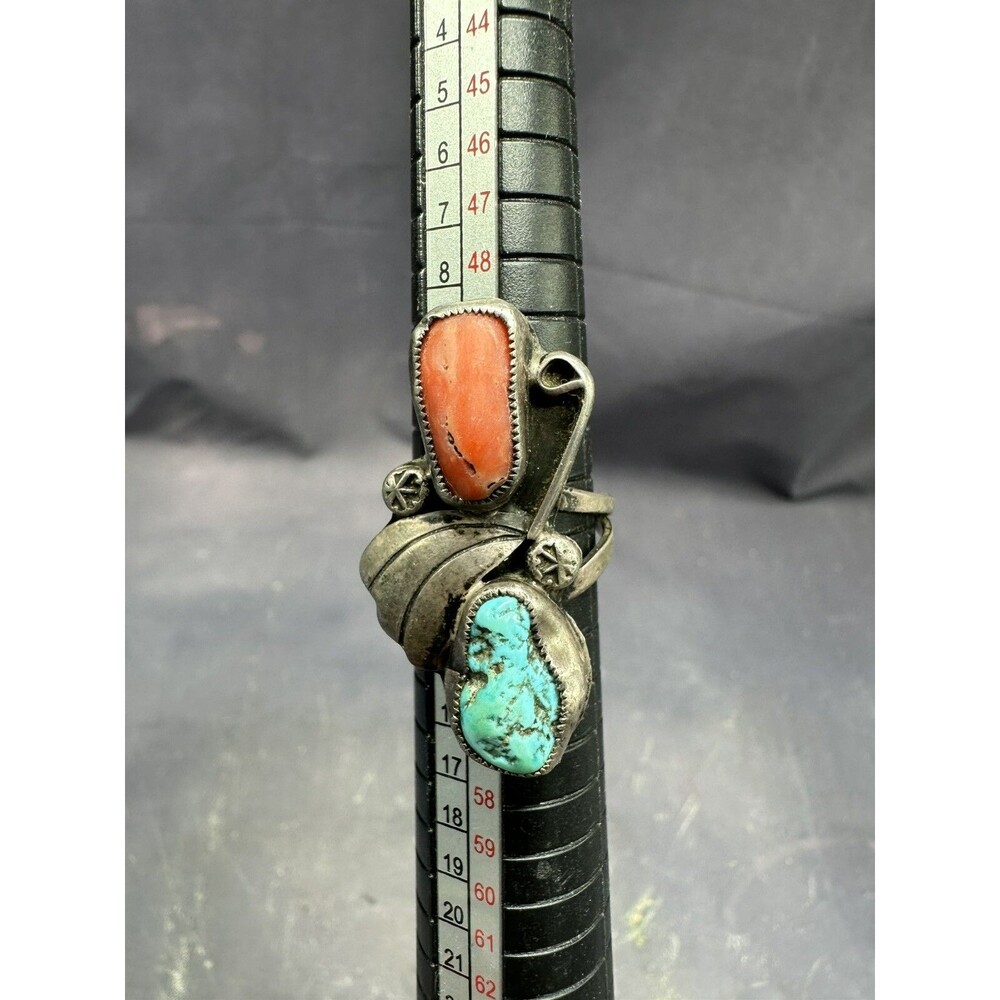 Navajo Native American Sterling Silver Turquoise Coral Leaf Swirl RING - Picture 3 of 8